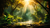 Fototapeta  - Sunrays Piercing Through Rainforest Canopy,