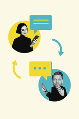 Fototapete - Vertical creative composite artwork photo collage of impressed man texting beautiful woman in social media isolated on drawing background