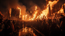 Vikings Prepare Buckets And Hold Torches With Fire At Night