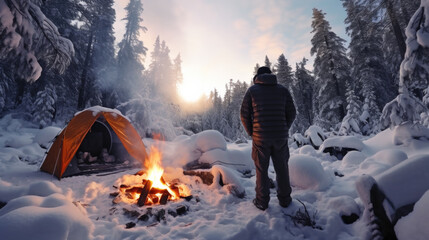 Poster - a man camping in winter outdoors in nature