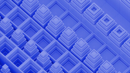 Poster - Abstract kaleidoscopic background with moving 3d squares forming pyramids. Design. Rows of up and down moving shapes.