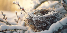 European Robin Sitting In Nest Covered In Snow During The Winter Season. This Image Captures The Resilience Of Wildlife In Cold Weather.