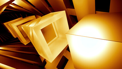 Poster - Abstract tunnel with moving 3D optical illusion. Design. Cubes flowing through the squared shapes in a tunnel.