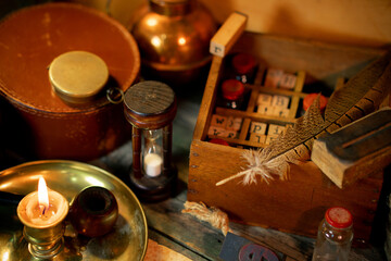 Fototapete - Retro type objects and old wooden typographic blocks. Letters and numbers. Vinatage background