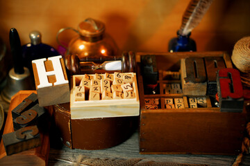 Fototapete - Retro type objects and old wooden typographic blocks. Letters and numbers. Vinatage background