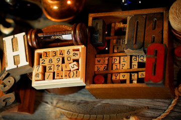 Fototapete - Retro type objects and old wooden typographic blocks. Letters and numbers. Vinatage background
