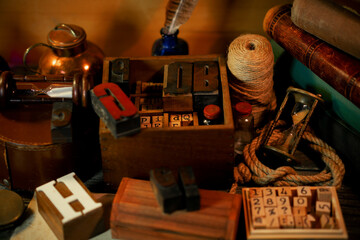 Fototapete - Retro type objects and old wooden typographic blocks. Letters and numbers. Vinatage background