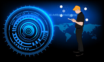 Wall Mural - Businessman hold smartphone use smartphones to connect virtual artificial intelligence concept technology illustration