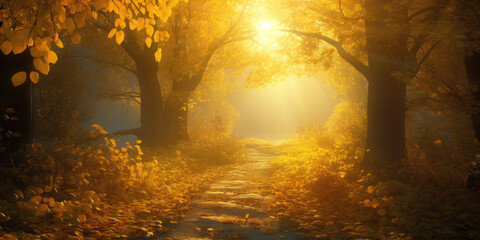 Wall Mural - peaceful alley in autumn park with sunbeams and golden leaves falling from trees. landscape panorama