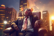 Rat dressed in business suit sits in leather armchair in its high-rise office. Successful businessman or influential politician metaphor. Generative AI illustration