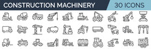 Set Of 30 Outline Icons Related To Construction Machinery. Linear Icon Collection. Editable Stroke. Vector Illustration