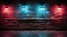 Brick Wall Texture Pattern, Blue, And Purple Background, An Empty Dark Scene, Laser Beams, Neon, Spotlights Reflection On The Floor, And A Studio Room With Smoke Floating Up For Display Products.