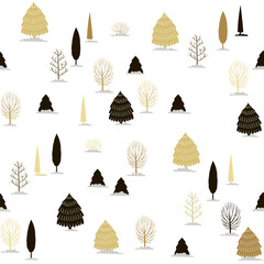 Christmas tree gold and black seamless pattern. Winter forest hand drawn Noel print, New year holidays golden decoration, blue background with fir tree, wallpaper, wrapping paper design, gift wrap.