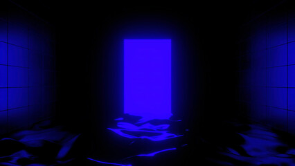 Poster - Neon spotlights with surreal walls and water surface. Design. Glowing lamps on wet floor.