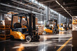 Forklifts in waiting for action, transporting goods within a warehouse facility, showcasing the efficiency of logistics operations. Generative Ai