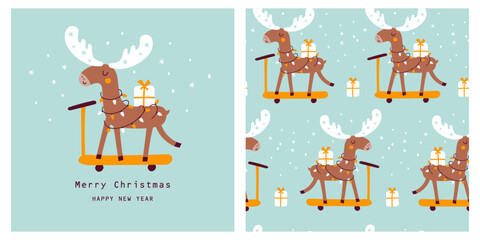 Wall Mural - christmas card with cute moose. vector illustrations