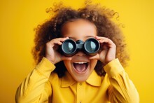 Happy Young Child Exploring And Discovering With Binoculars. The Little Girl Has An Expression Of Joyful Amazement, Eyes And Mouth Wide Open.