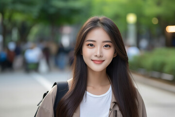 generative ai photography of young asian charming girl walking city streets looking camera