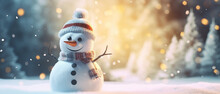 Happy Snowman In Winter Secenery. Merry Christmas And Happy New Year Greeting Card. Christmas Image For Travel Agency, Shopping Mall, Advertising, Placard, Article. Background Concept Generative AI