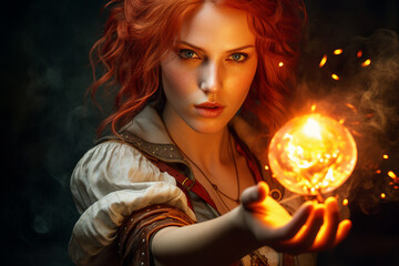 Canvas Print - Creative collage generative ai photo of powerful magician spell fireball magic