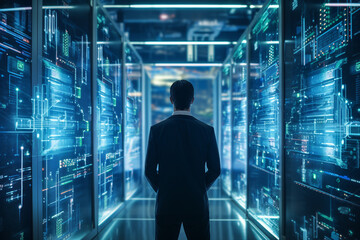 Poster - generative ai collage image photo of professional it specialist analyzing data warehouse room