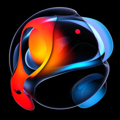 Wall Mural - 3d render of abstract art of surreal 3d ball or sphere in curve wavy round and spherical lines forms in transparent plastic material with glowing blue orange color core on black background