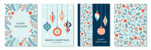 Christmas Greeting Cards Collection. Holiday Design With Hand Drawn Baubles And Winter Floral Elements. Seamless Pattern.
