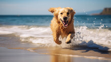 Golden Retriever Running On A Sandy Summer Beach, Background, Illustrations, HD