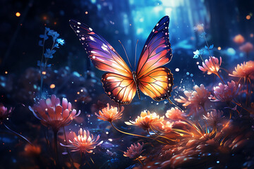 Wall Mural - Flower meadow, anime style, Butterfly. AI generative