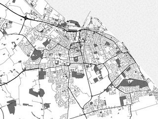 greyscale vector city map of grimsby in the united kingdom with with water, fields and parks, and ro