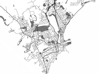 Greyscale vector city map of  Weymouth in the United Kingdom with with water, fields and parks, and roads on a white background.
