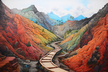Hiking Trail Through Mountains Painted With Crayons