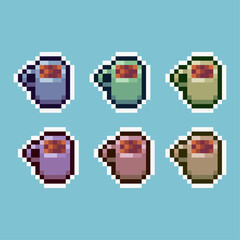 Fototapete - Pixel art sets of cup coffee top down with variation color item asset. simple bits of cup of coffee on pixelated style 8bits perfect for game asset or design asset element for your game design asset