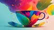 Colorful tea cup with colorful smoke in colorful background. A green leaf near the cup of tea. Generative Ai.