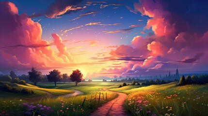 Wall Mural - nature countryside sunsets vibrant illustration rural sunlight, background grass, view sun nature countryside sunsets vibrant