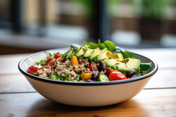 Quinoa Bowl On Plate In Minimalist Cafe