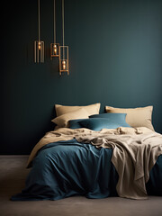 Wall Mural - Modern dark bedroom interior with a bed next to a dark green wall, golden metal pendant lamps, beige and dark green bedding.