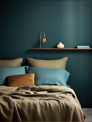 Wall Mural - Modern interior with a bed next to a dark green wall, blue and beige bedding, a lamp, and decor on a wooden shelf above the bed
