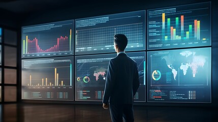 Wall Mural - Businessman analyzing company financial balance sheet working with digital virtual graphics Businessman calculating financial data for long term investment growth goals 
