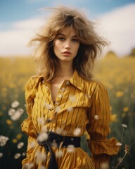 Wall Mural - A woman stands in a vibrant field of flowers, the yellow of her dress matching the golden hues of autumn as her hair dances in the breeze, creating a captivating portrait of fashion and nature