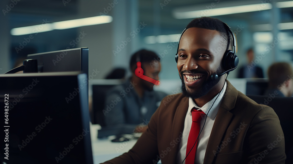Male Telemarketer in Headset, Consulting Online Customer on Computer in ...