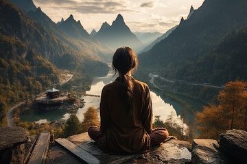 Wall Mural - Young person meditating at dawn on a mountain with panoramic beautiful views generative AI technology