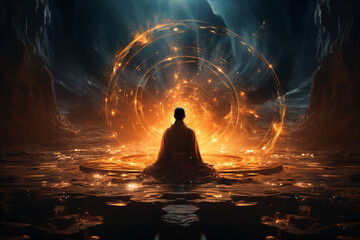 Wall Mural - Generative AI picture of young calm peaceful person meditating looking at a beautiful fantastic cosmic view