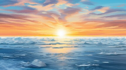 Wall Mural - sea arctic ocean sunrise illustration travel blue, ice sky, background winter sea arctic ocean sunri
