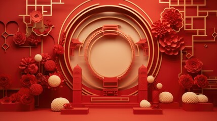 Wall Mural - Inside the red colored Chinese hall and palace background for Chinese new year festival decoration.