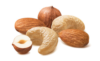 Wall Mural - Cashew, hazelnut and almond isolated on white background. Nut mix