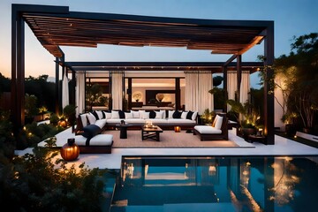 Wall Mural - luxury hotel room with pool ,a lavish side outside garden at morning, with a teak hardwood deck and a black pergola. Scene in the evening with couches and lounge chairs by the pool, generative