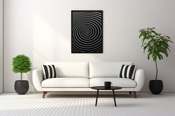 Wall Mural - Minimalist Living Room in Monochrome Palette featuring a sleek white sofa, black coffee table, floor lamp, and abstract wall decor. Template