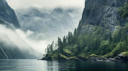 tourism misty fjord views illustration outdoor scenery, view water, forest green tourism misty fjord
