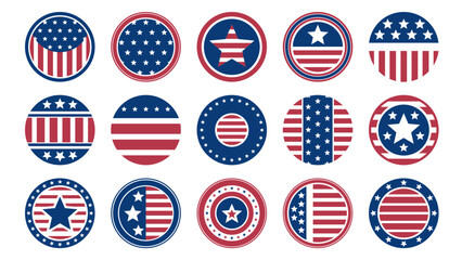 Wall Mural - US American flag circle label. Round stamp with american patriotic emblem, America country flag with stripes and stars. Vector flat sticker set